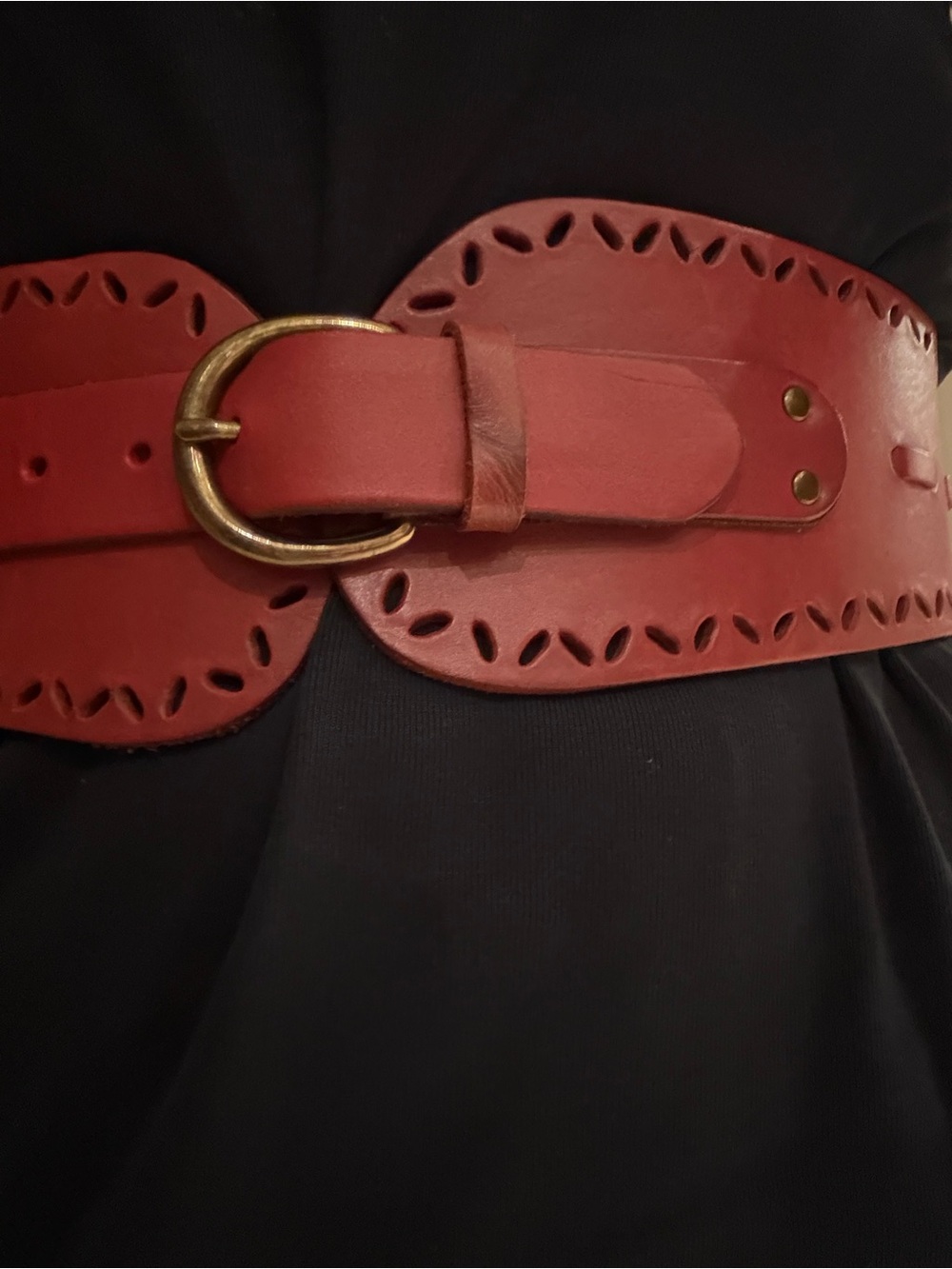 Wide Red Leather Waist Belt with Round Brass Buckle